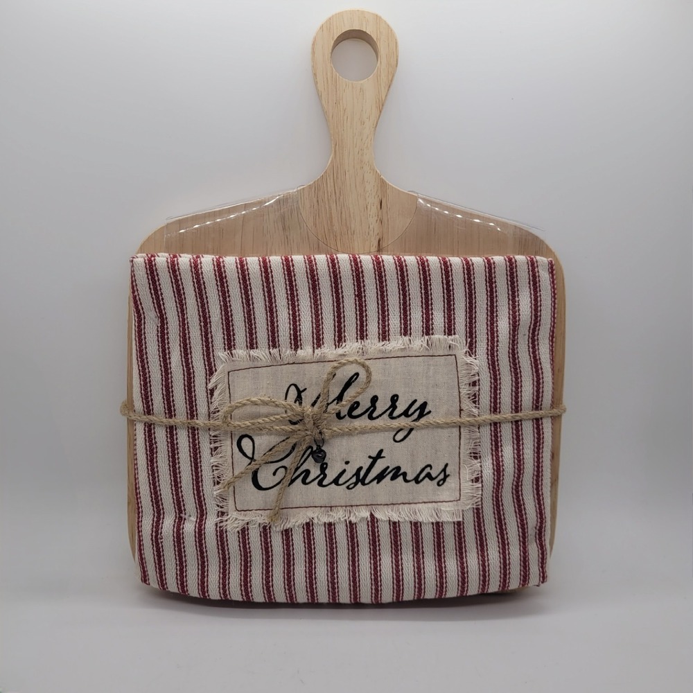 Robert Stanley Christmas Wood Cutting Board and Striped Kitchen Towel Gift Set